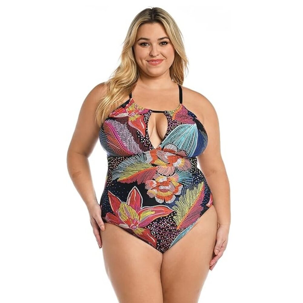 NWT La Blanca Women's High Neck Keyhole One Piece Multicolor Size 4-8 $130 9B713